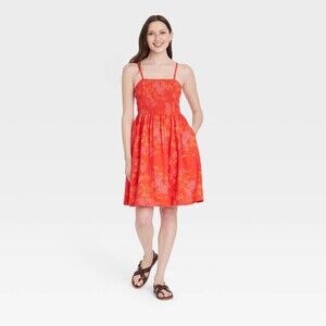 Smocked Mini Sundress Deep Orange Floral Linen/Rayon Womens XS